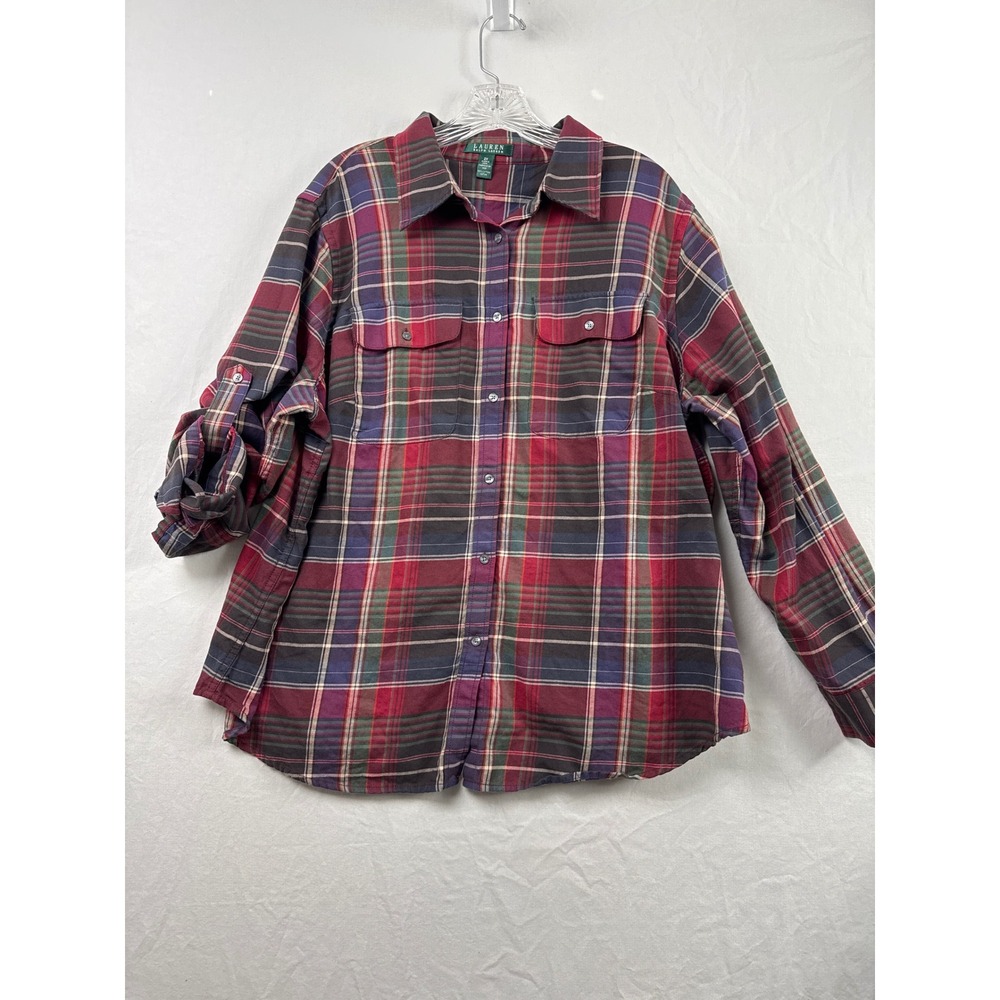 Lauren Ralph Lauren Button Down Shirt Womens 2X Red Plaid Roll Tab Cotton 18609